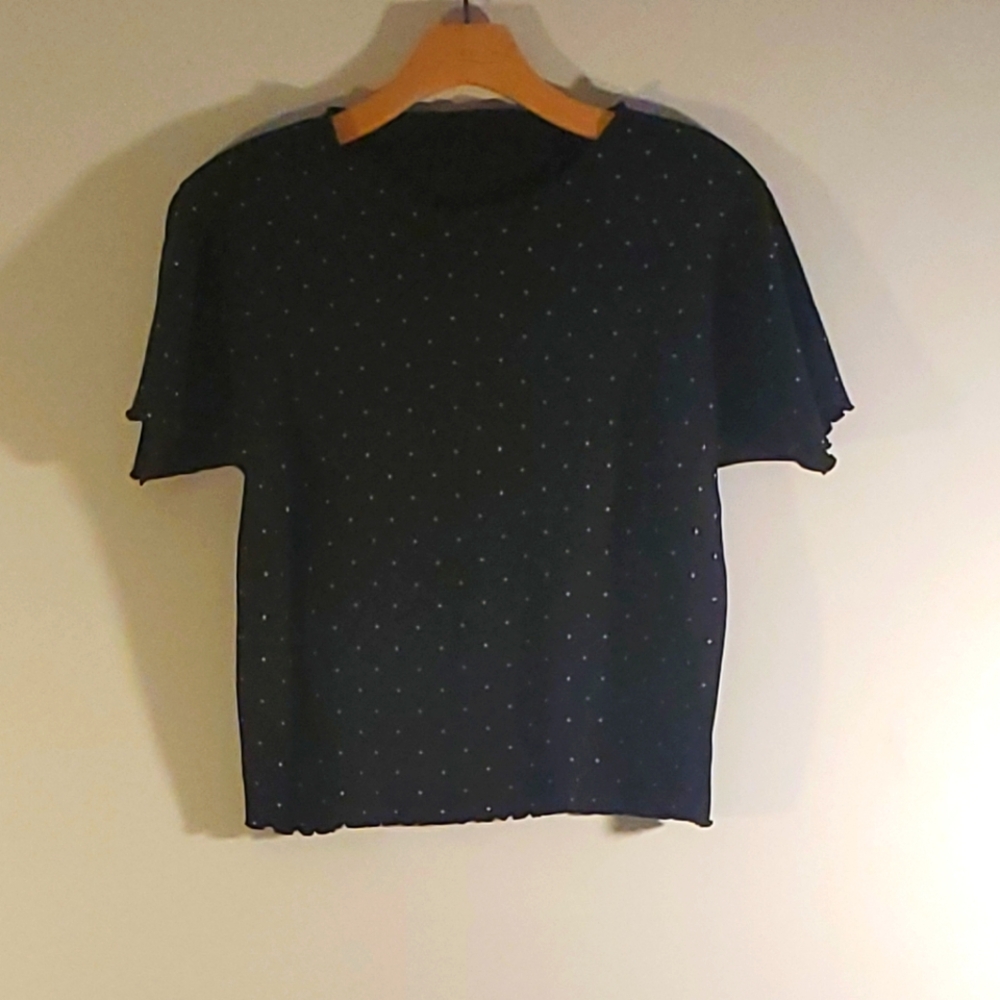 Black and White Polka Dot Babydoll Tee Shirt Cotton Stretch Ruffle Edges